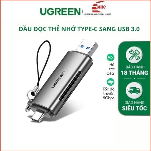 Đầu đọc thẻ USB type C với 2 khe thẻ căm SD và OTG UGREEN - Chính hãng bảo hành 18 tháng