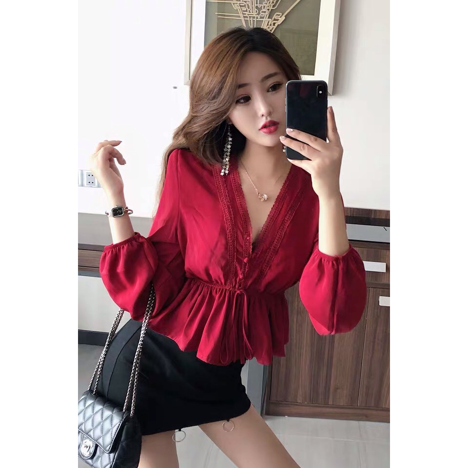 Áo Voan Cổ V Tay Dài Phối Ren Kiểu Kèm Rút Eo Qúy Phái TTS0638