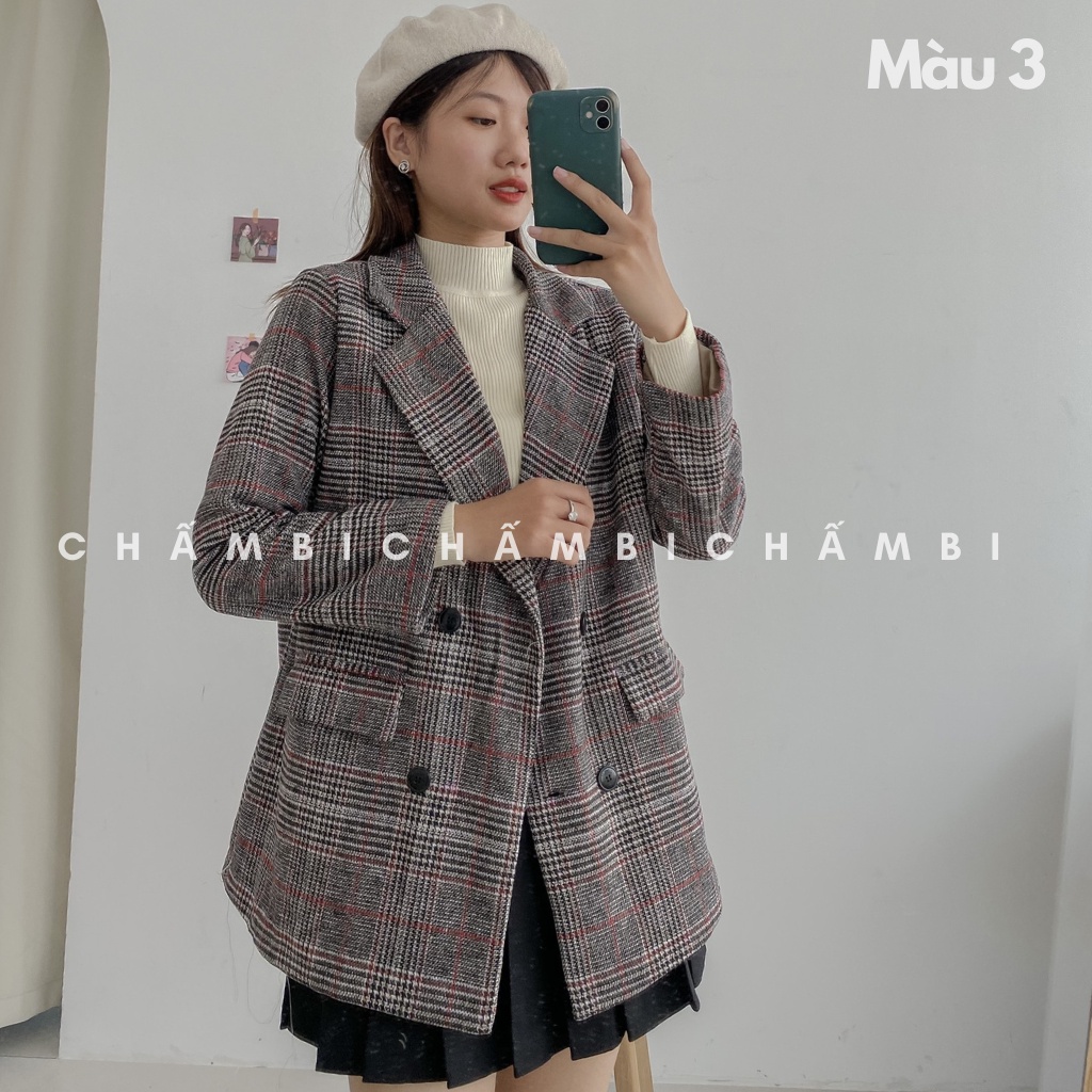 Áo Khoác Blazer Nữ Kẻ Caro Vải Dạ 2 Lớp Freesize&lt;56kg - A.098