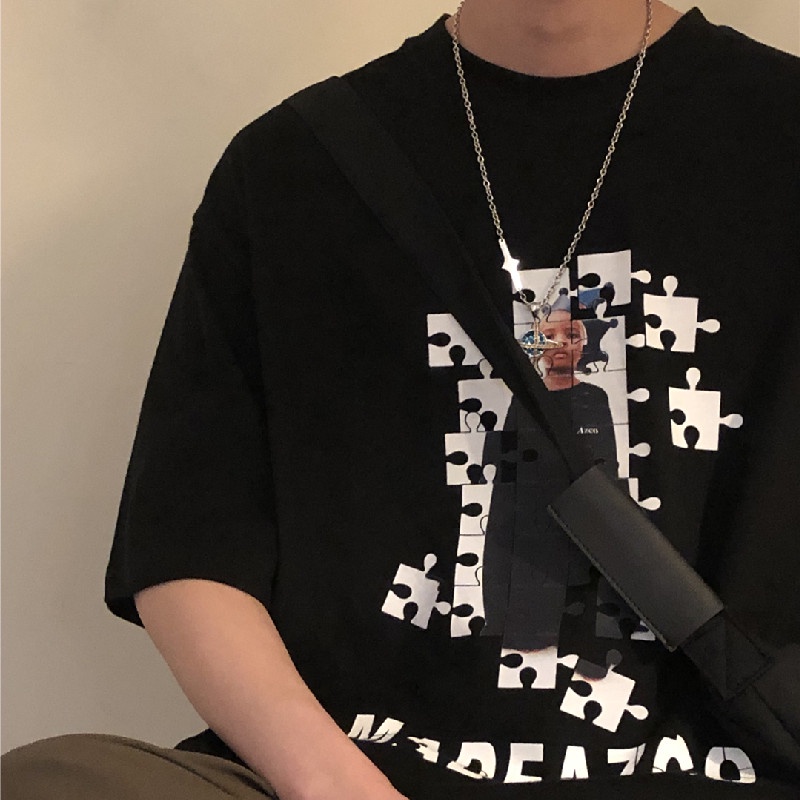 Áo Thun Nam Tay Ngắn Dáng Rộng Có In Hình Hoạt Hình Phong Cách Hàn Quốc