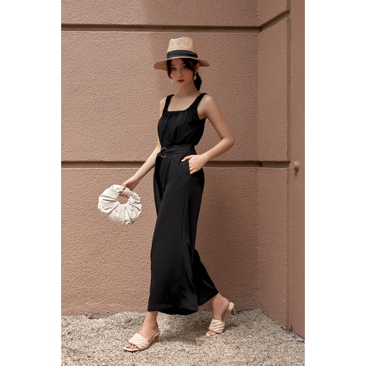 EVERLUXE - Jumpsuit 2 dây nhíu thắt dây - Đen