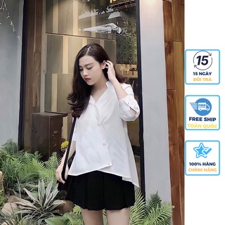 [HÀNG THIẾT KẾ CAO CẤP] Áo Sơ Mi Nữ Trắng Vạt Chéo Cách Điệu, Dáng Suông (38-75kg). Chất Vải Kate Hàn - Không Nhăn