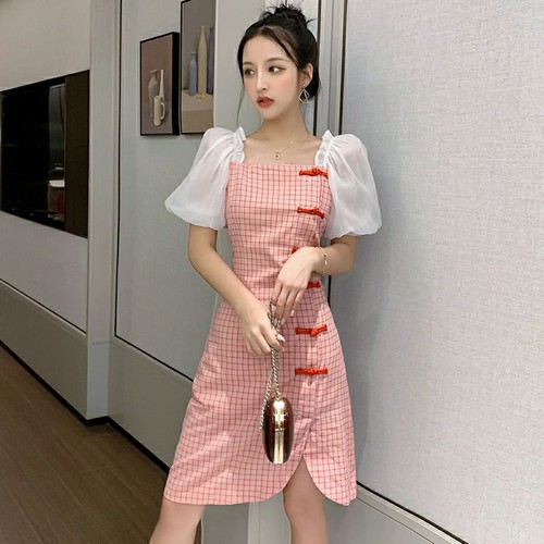 Đầm ôm TIỂU THƯ  dáng cổ vuông tay bồng họa tiết kẻ sọc cho nữ- CÓ BIGSIZE 42-70KG