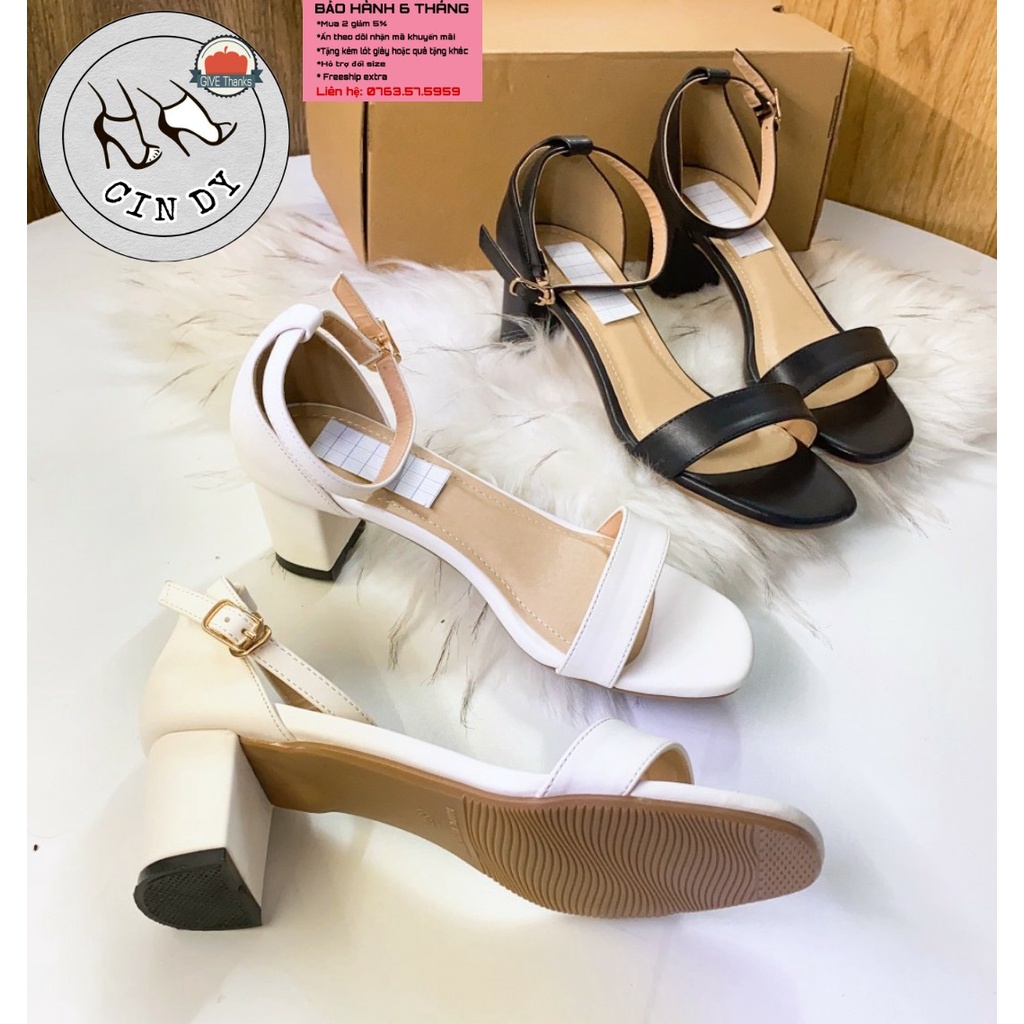 Giày sandal cao gót nữ quai ngang đế vuông 5 phân khoá cài da mềm bít hậu 2 màu trắng, đen (CINDY SHOES)