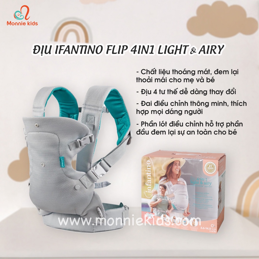 Địu 4 tư thế cho bé Infantino Light &amp; Airy, địu em bé trợ lực đa năng an toàn - Monnie Kids