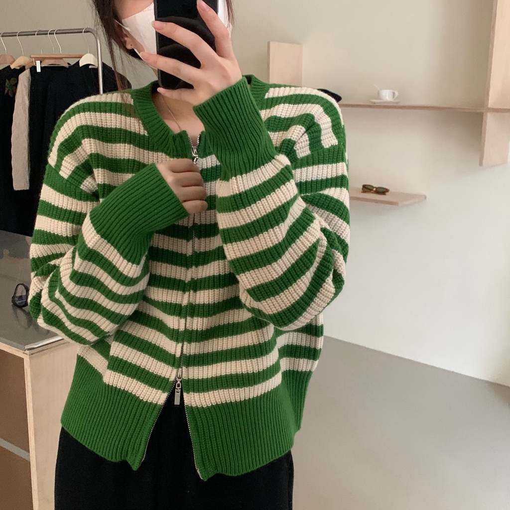 Áo cardigan mỏng sọc kẻ có khóa kéo phong cách phương tây thời trang mùa thu cho nữ