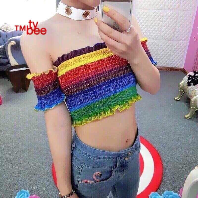 ÁO VOAN CROPTOP ÔM BODY NGẮN CO GIÃN - ÁO KIỂU CRT ULZANG NGẮN TAY BẸT TRỄ VAI CẦU VỒNG RAINBOW 98