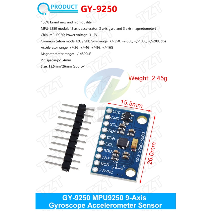1 Bộ Linh Kiện Điện Tử SPI IIC / I2C GY-9250 MPU 9250 MPU-9250 9 Trục + Con Quay + Mô Đun Cảm Biến Tốc MPU9250 3-5V