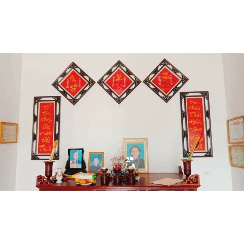 Tranh thêu CÂU ĐỐI BÀN THỜ 1 bộ gồm 5 bức tất cả "ĐÃ THÊU SẴN" về chỉ việc đóng khung.