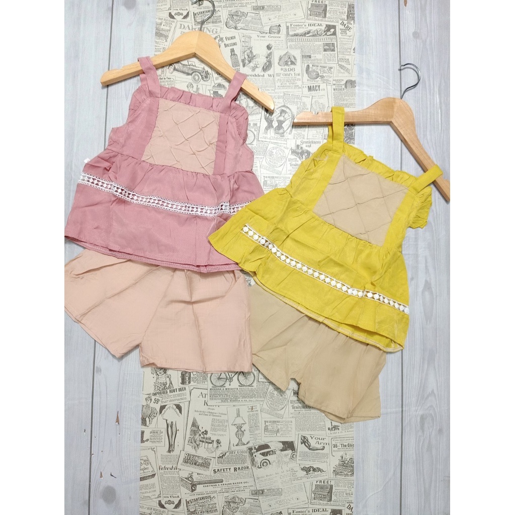 Set bộ bé gái, Bộ hai dây phối ren xinh xắn, chất vải đũi mềm mát cho bé gái