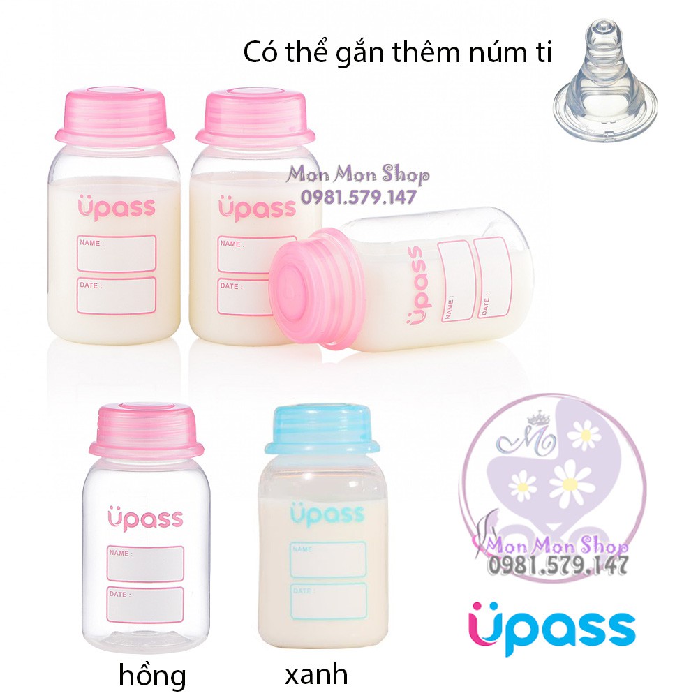 Bình trữ sữa Upass Thái Lan 125ml thiết kế nắp có thể gắn thêm núm ti cho bé