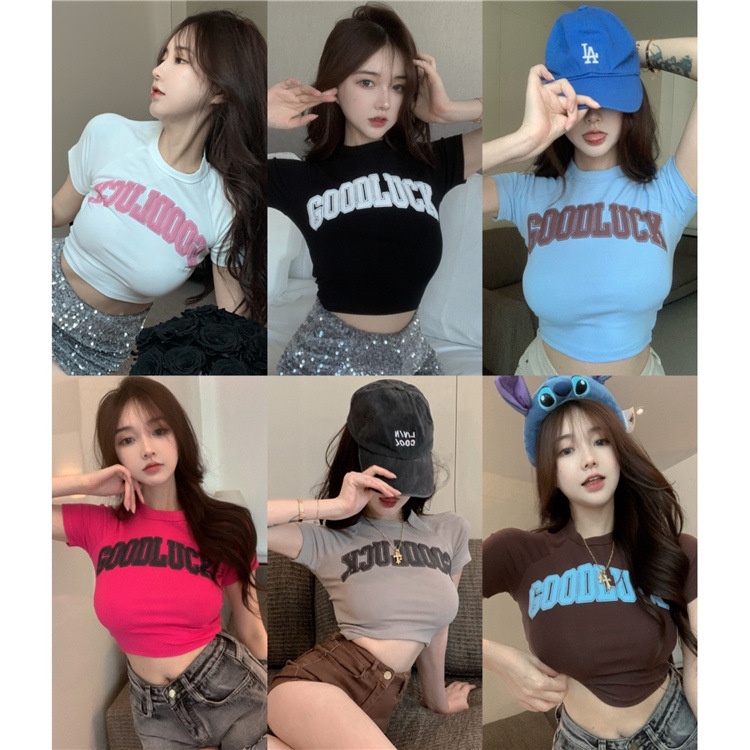 Áo Thun Croptop Nữ Chữ Goodluck 6 Màu Hottrend 2022 Phong Cách Sexy Hàn Quốc Có Freesize <72Kg Cr2270