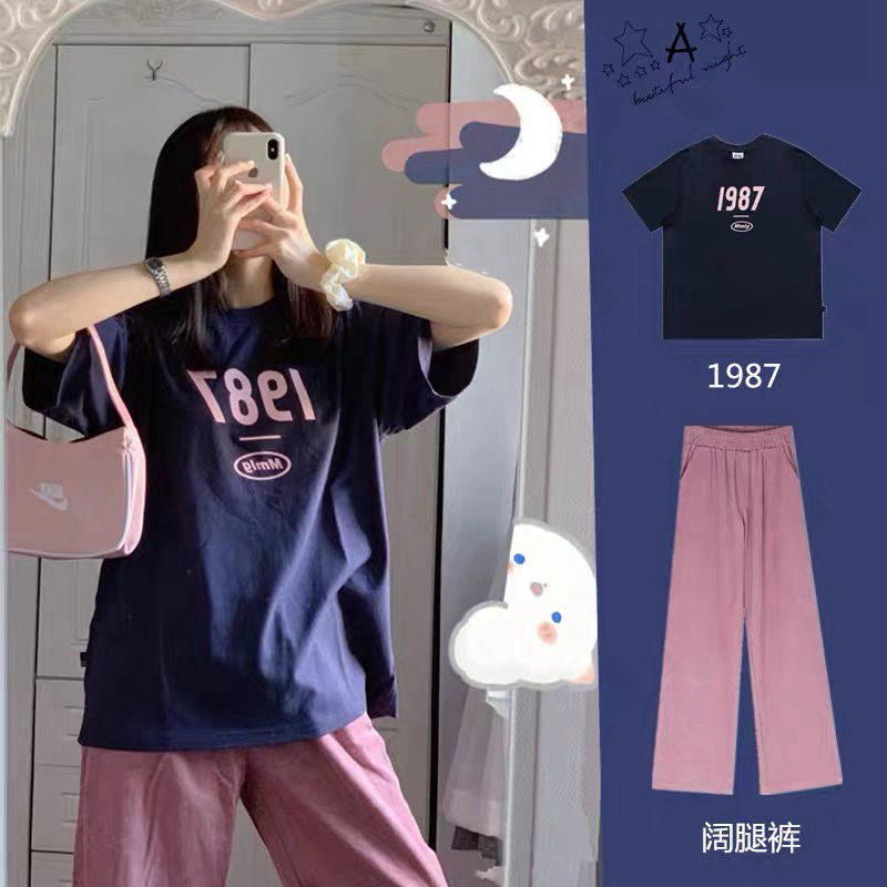 Áo thun tay ngắn/ quần dài ống rộng kiểu dáng thời trang dành cho nữ