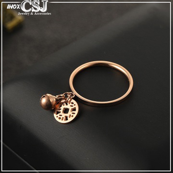 [Bicasa] nhẫn titan cao cấp đồng tiền may mắn kết hợp chuông vàng hồng siêu đẹp - tặng hộp đựng xinh xắn