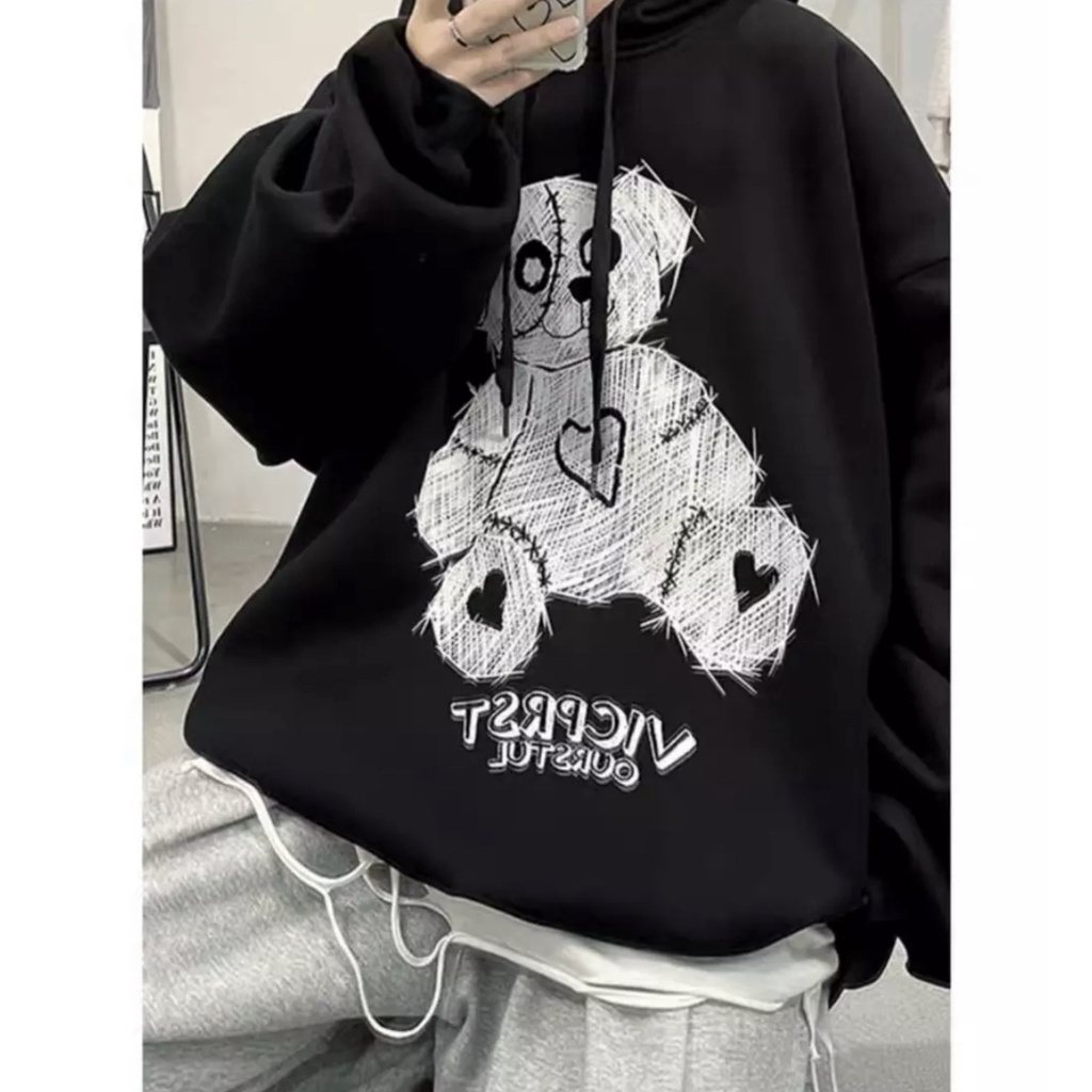 Áo Khoác Hoodies Unisex Form Rộng In Hình Chú Gấu - Chống Lạnh Thời Trang