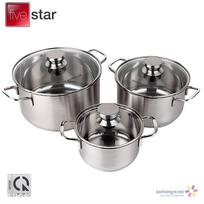 Bộ nồi inox cao cấp bảo hành 5 năm, Bộ nồi FIVESTAR 3 món 3 đáy sezi 16,20,24CM, nắp kính5