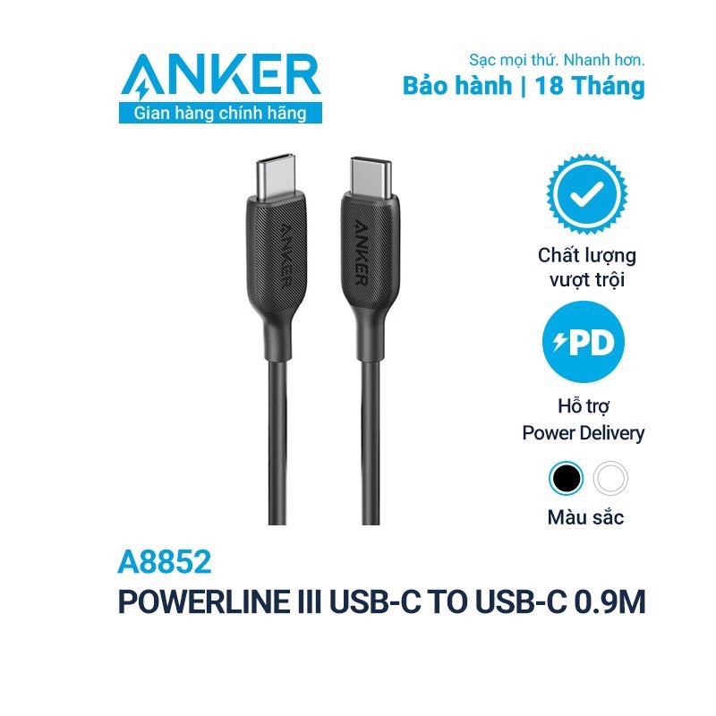 Cáp ANKER PowerLine III USB-C to USB-C dài 0.9m - A8852 - Hàng Chính Hãng