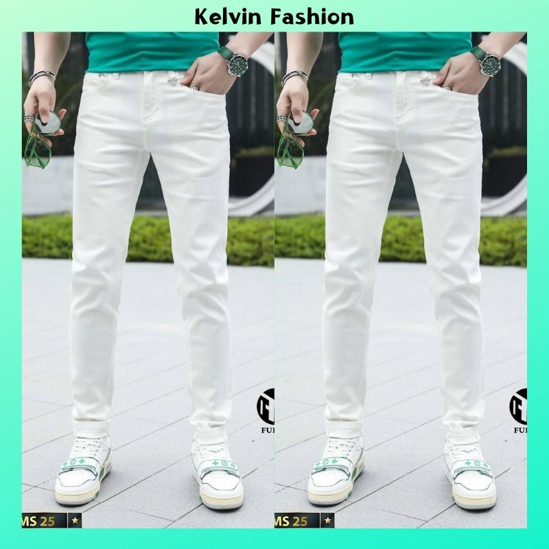 Quần jean nam co giãn màu trắng trơn thời trang Kelvin Fashion, quần bò nam cao cấp mẫu mới phong cách trẻ trung - MQ25