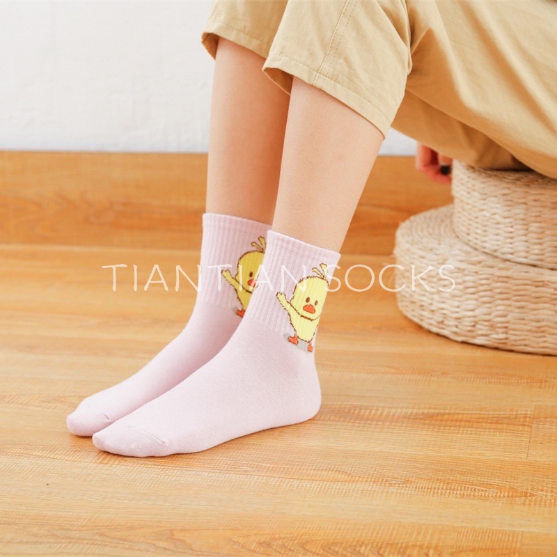 TIAN TIAN T119 Tất nữ Hàng cao cấp Vớ thể thao thu đông bằng Cotton nguyên chất hình vịt vàng nhỏ hoạt hình độc đáo phong cách Hàn Quốc dễ thương