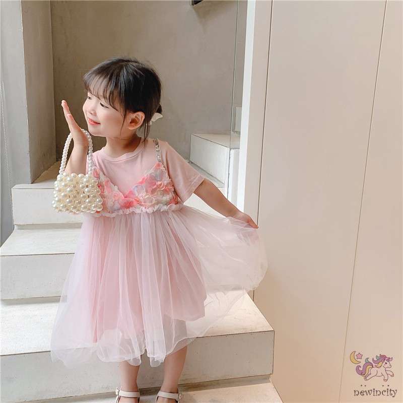 Đầm công chúa tay ngắn phối lưới phong cách Hàn Quốc cho bé gái