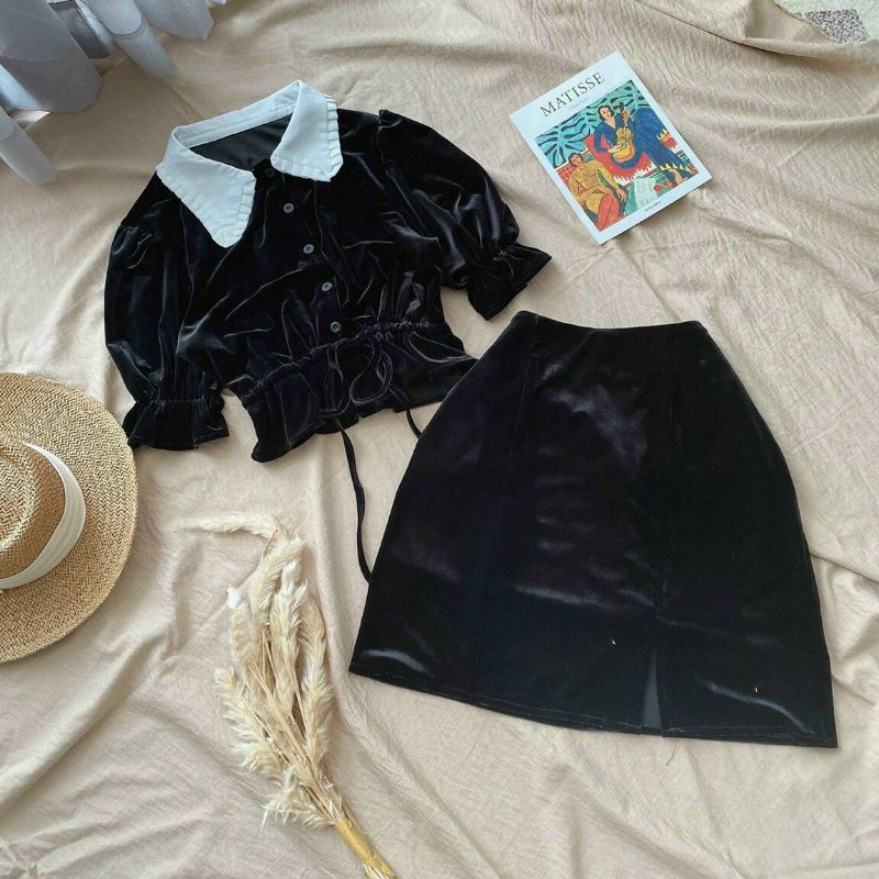 Set nhung áo đen cổ sen rút dây eo + chân váy xẻ