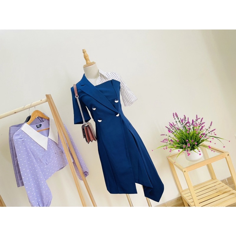 Đầm sơmi phối kẻ sọc tà váy xéo cao cấp Vero Moda