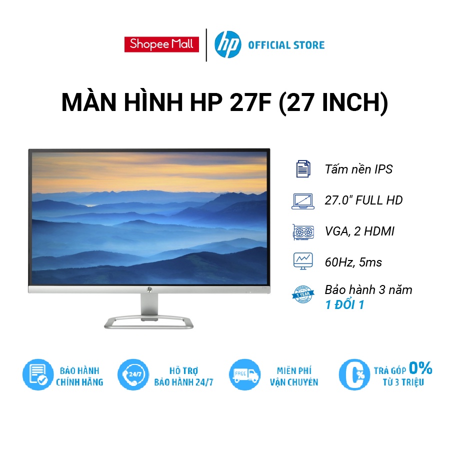 [Mã ELHP3TR giảm 12% đơn 500K] Màn hình LCD HP 27f 3AL61AA | 27inch | Kích Thước 1920x1080@60H | VGA/2HDMI/LED/IPS