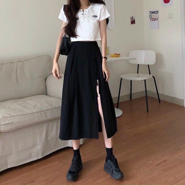 [Hàng VNXK]Chân Váy Xẻ Tà Buộc Dây Nữ🌸 Dáng Xoè Dài, Chân Váy Midi Đen Xẻ Vạt Thắt Nơ Dáng Ullzang | BigBuy360 - bigbuy360.vn