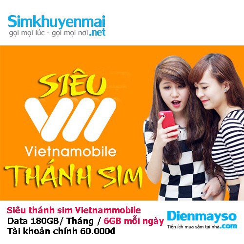 Sim Vietnammobile 180gb/tháng, có sẵn 60k tài khoản chính để gọi, Siêu Thánh Up