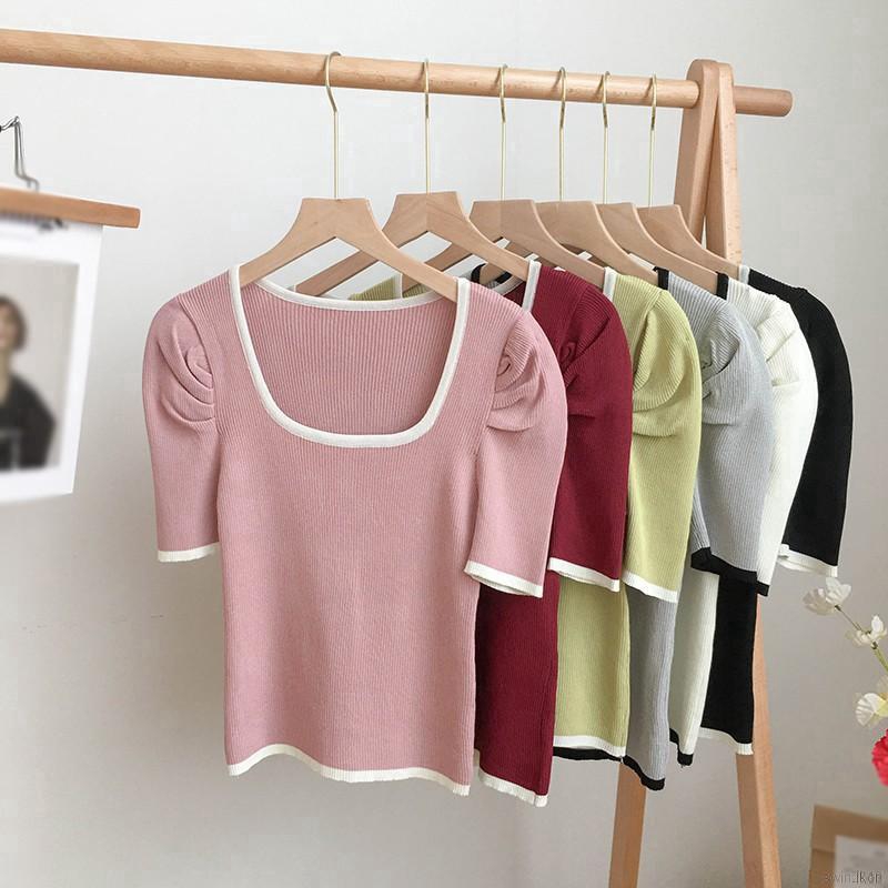 Áo Croptop Dệt Kim Tay Ngắn Cổ Vuông Phong Cách Hàn Quốc
