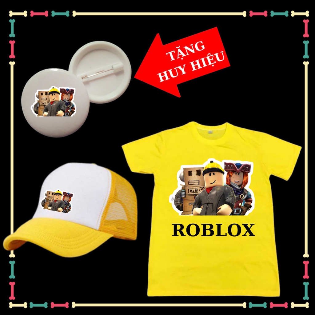 Áo thun bé trai game Roblox, chất vải đẹp, đủ size áo, mũ lưới phong cách, thời trang, kèm huy hiệu cho bé.