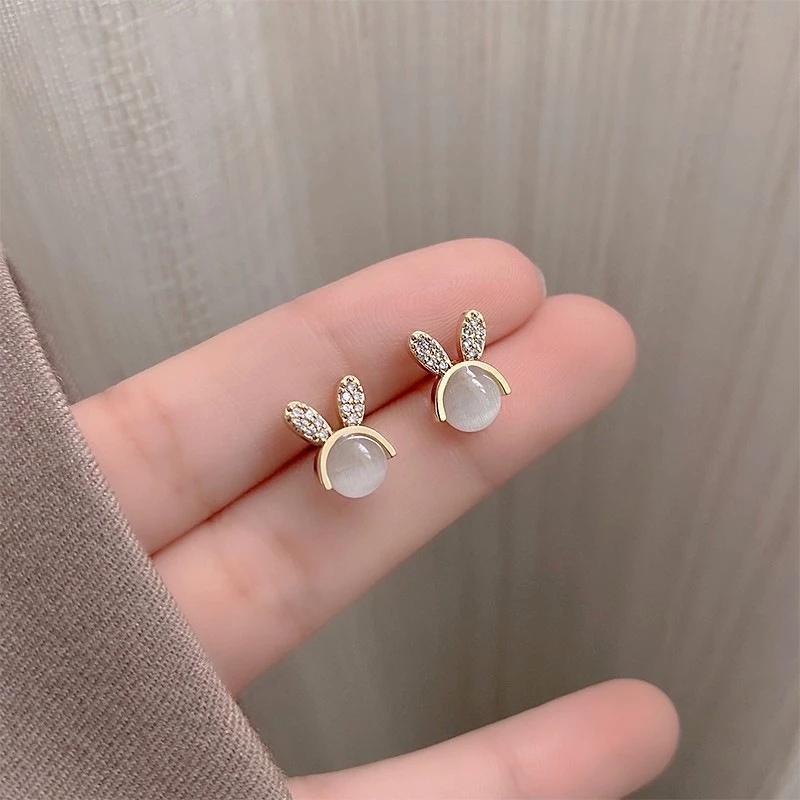 Khuyên Tai Đính Đá Opal Hình Tai Thỏ Đơn Giản Thời Trang Cho Nữ