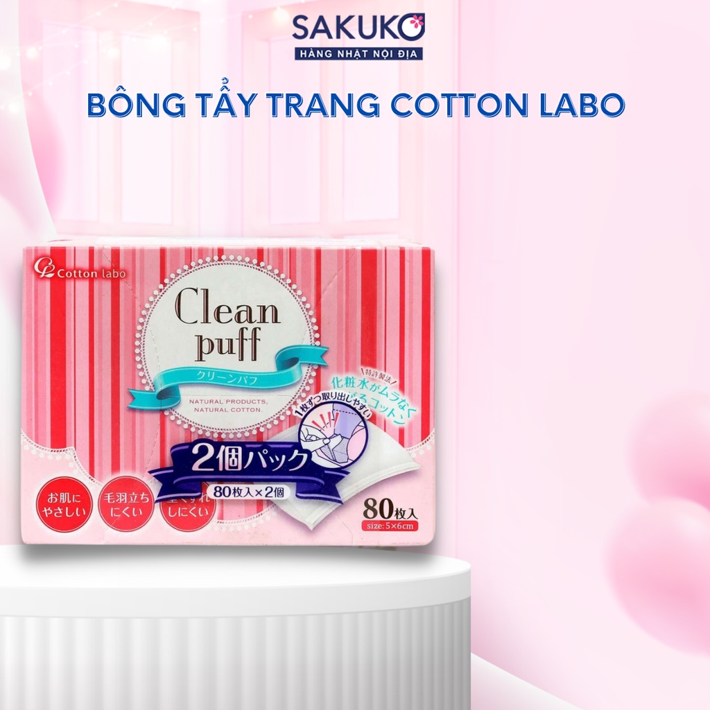 Bông tẩy trang Cotton LaBo SAKUKO Selena Puff 2way 80 tờ (50×60mm)