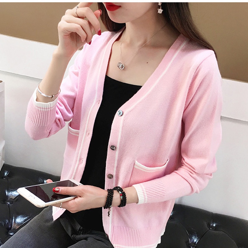 【ZHELIHANGFEI】Áo Khoác Cardigan Dệt Kim Tay Dài Cổ Chữ V Dễ Phối Đồ