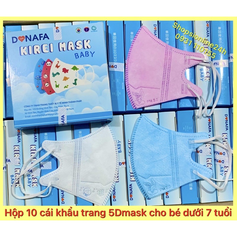 ✅ Hộp 10 cái khẩu trang 5D Donafa cho bé dưới 7 tuổi nhiều màu