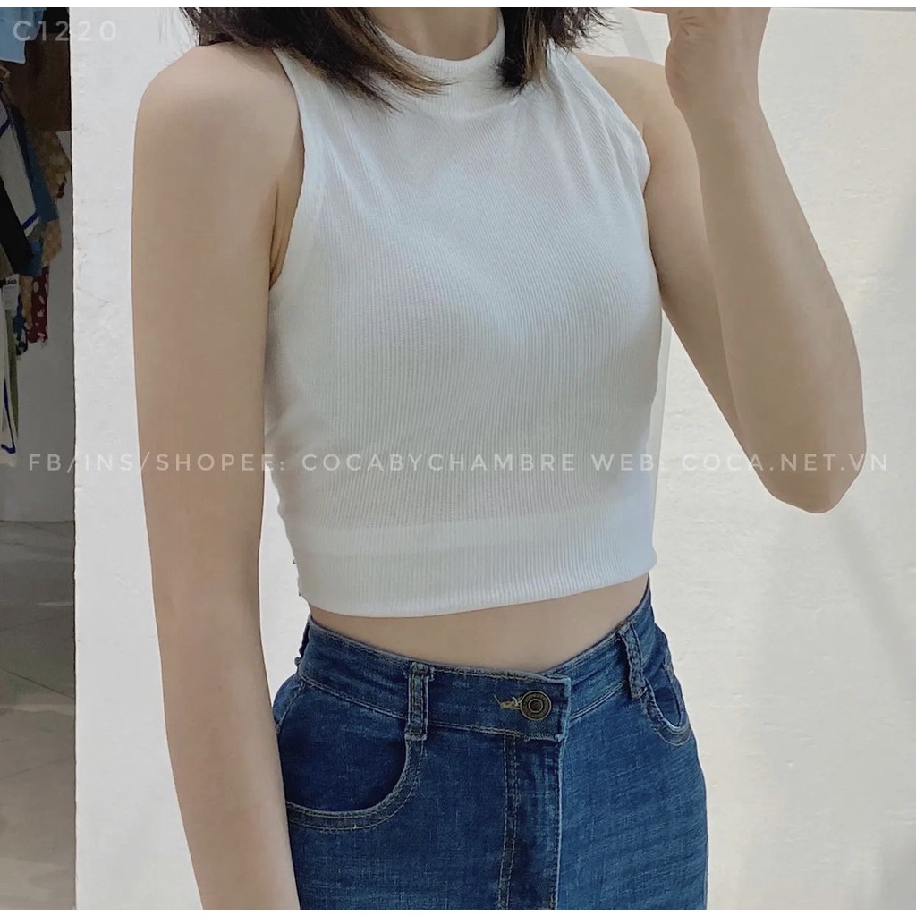 Áo croptop ba lỗ áo sát nách cổ đứng chất thun tăm cực mát,mic quần jean ống rộng-Minxy shop