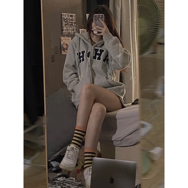 Áo khoác hoodie zip có mũ AHPH nỉ bông dáng rộng ulzzang