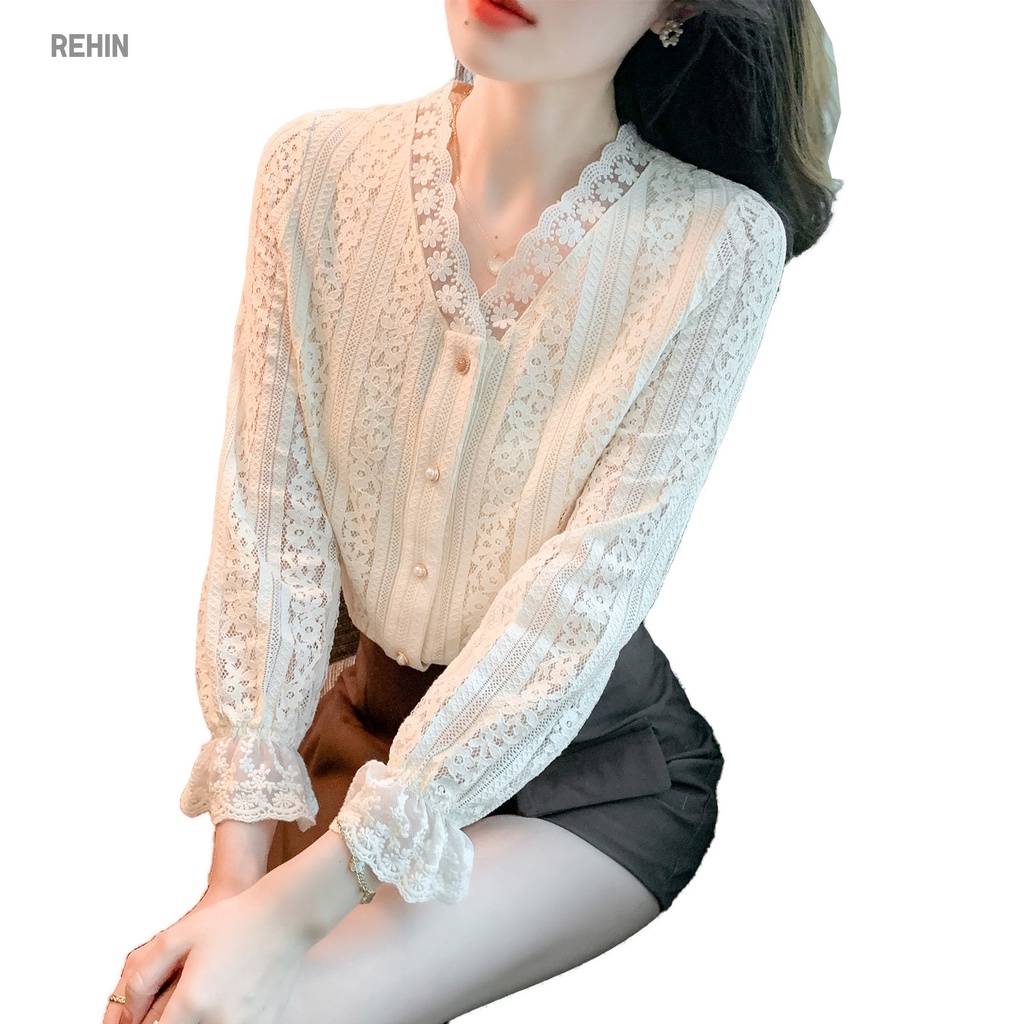 Áo ren tay dài cổ chữ V thiết kế mới thời trang dành cho mùa thu