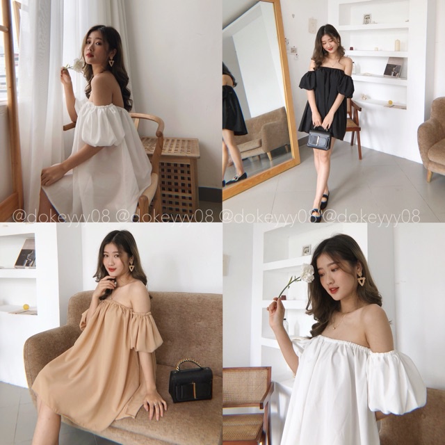 Áo Kiểu Nữ Trễ Vai Tay Bồng - Rere.Store [FREESHIP] - Áo kiểu bánh bèo nữ 5 màu trơn basic SIÊU HOT E1-2