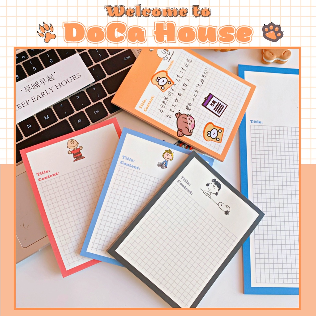 Set 30 tờ ghi chú DOCA, giấy ghi chú B5, tập giấy note ô vuông hình Snoppy xinh xắn, đáng yêu