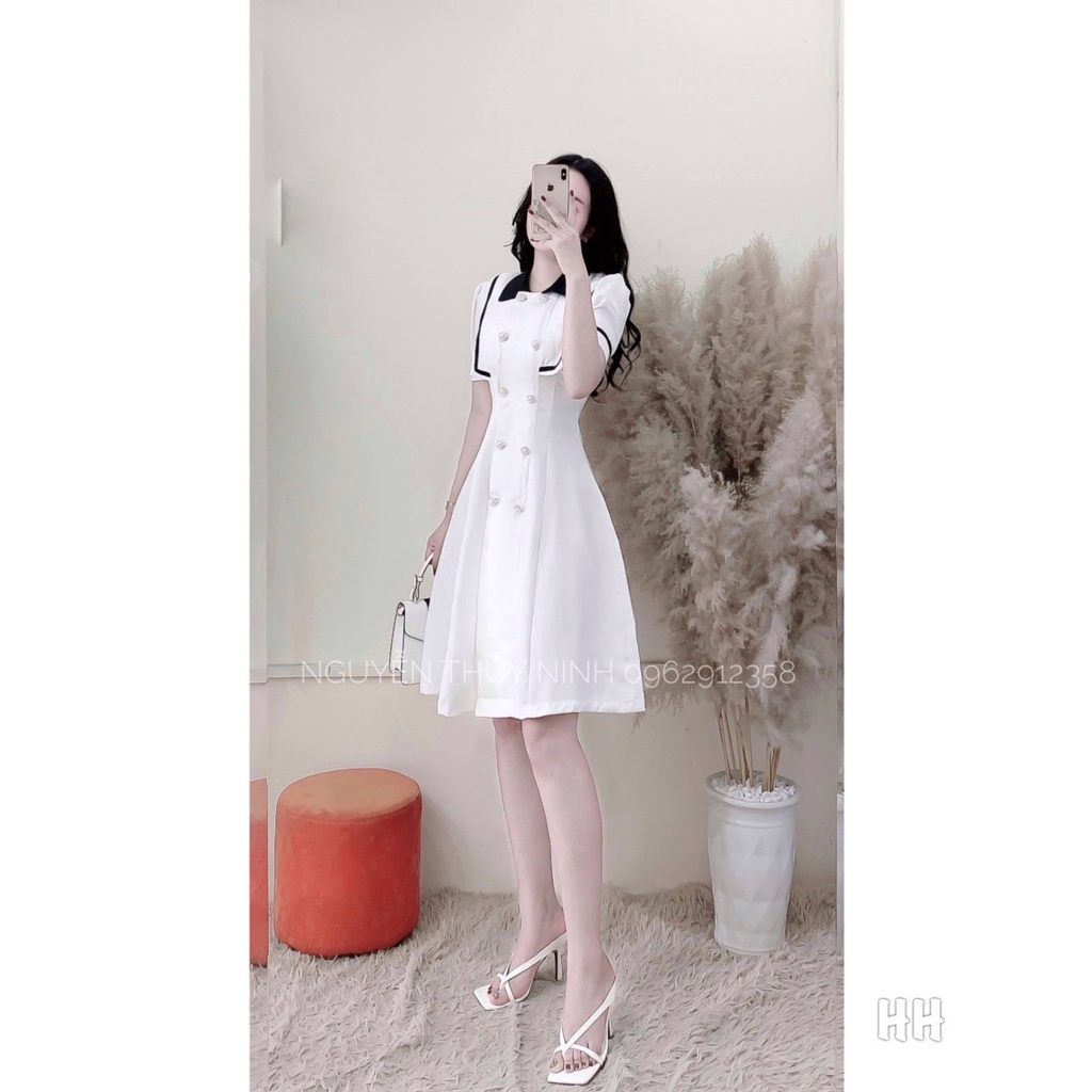 Hàng Order🌸Váy Đầm Dệt Kim Cổ Sơ Mi phối Màu Trắng Đen Trẻ Trung Nữ Tính🌸Hàng Quảng Châu