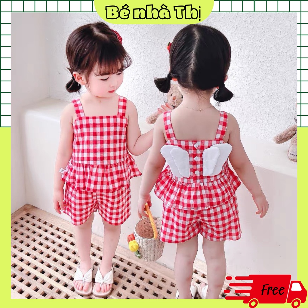 Bộ quần áo cộc bé gái họa tiết kẻ caro cotton mềm mát BC02 - BÉ NHÀ THỊ