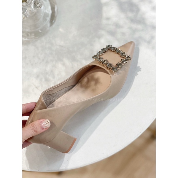 Giày cao gót da mềm đá vuông gót vuông 6cm mã A666-2