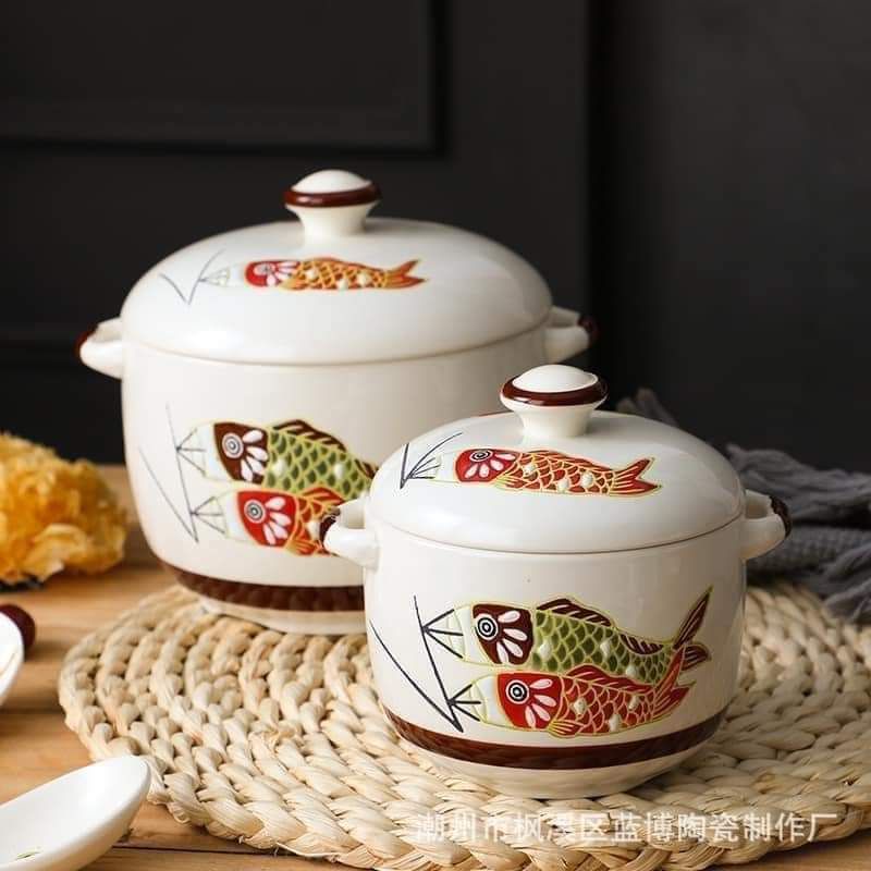 Thố chưng yến có nắp họa tiết cá gỗ kèm thìa