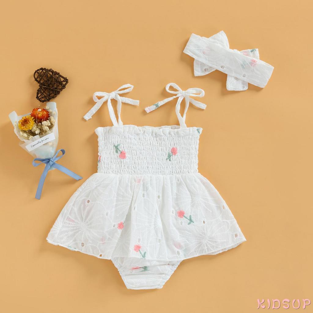 Bộ Áo Liền Quần Không Tay Thêu Hoa Kèm Băng Đô Xinh Xắn Cho Bé Gái