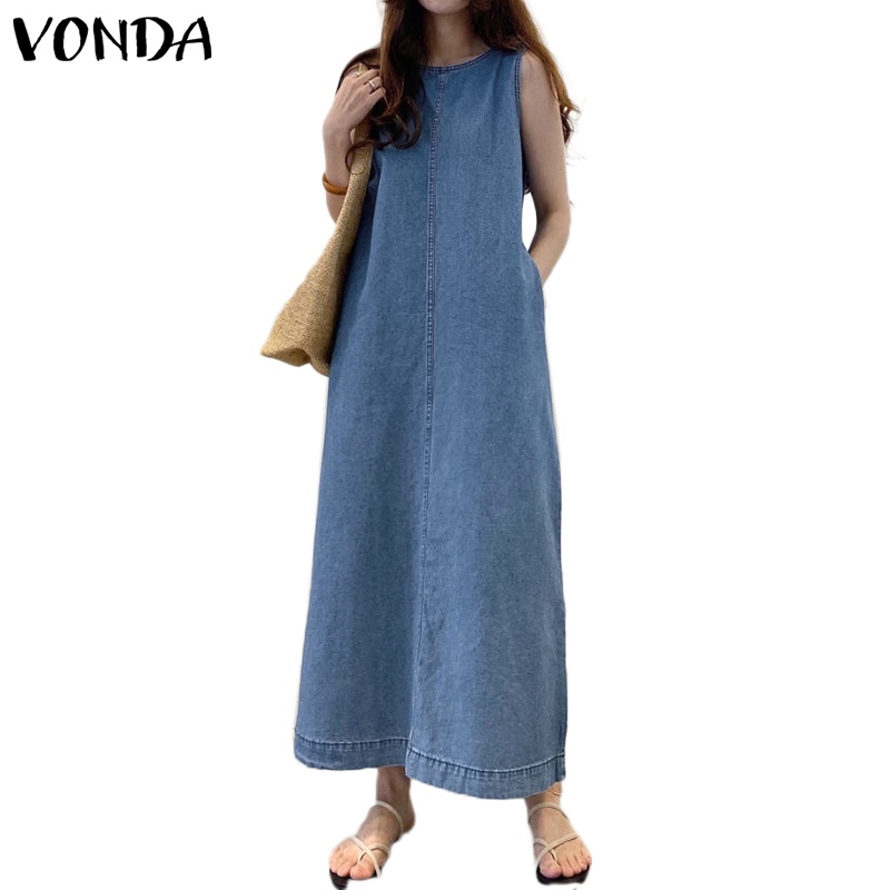 Đầm denim Vonda dài dáng chữ A không tay cổ tròn màu trơn có túi hông phong cách mùa hè Hàn Quốc cho nữ