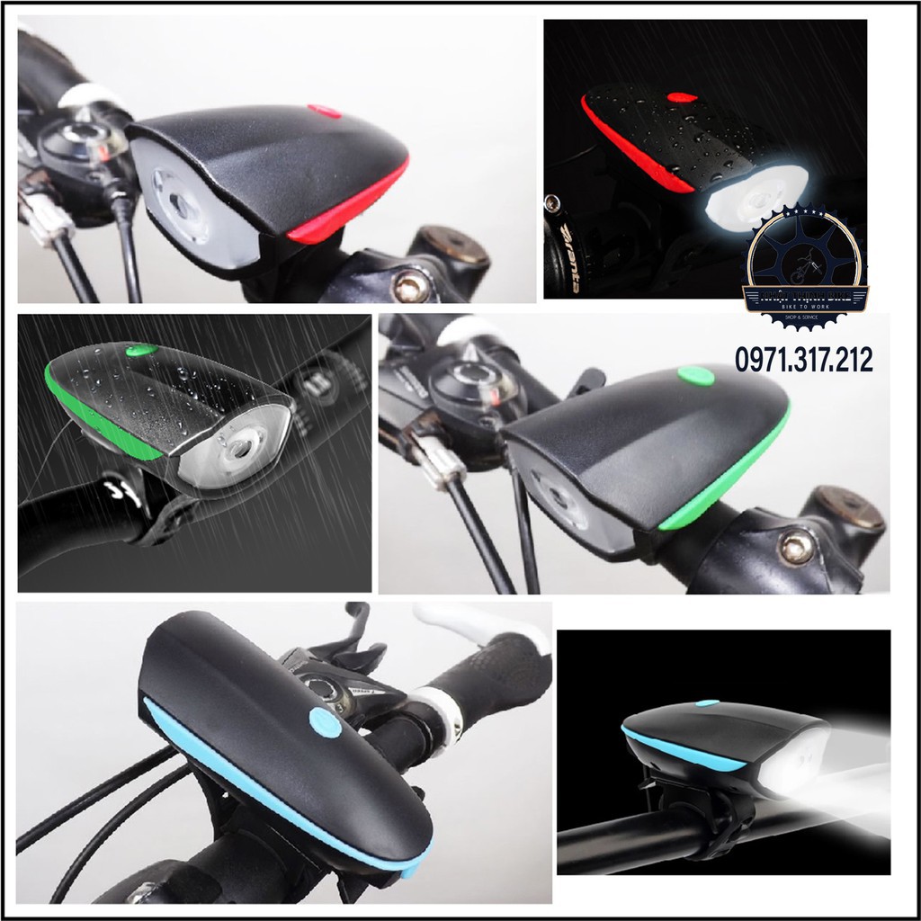phụ xe Đèn xe đạp, đèn pin xe đạp, đèn pha xe đạp kiêm còi sạc USB 5 chế độ còi điện