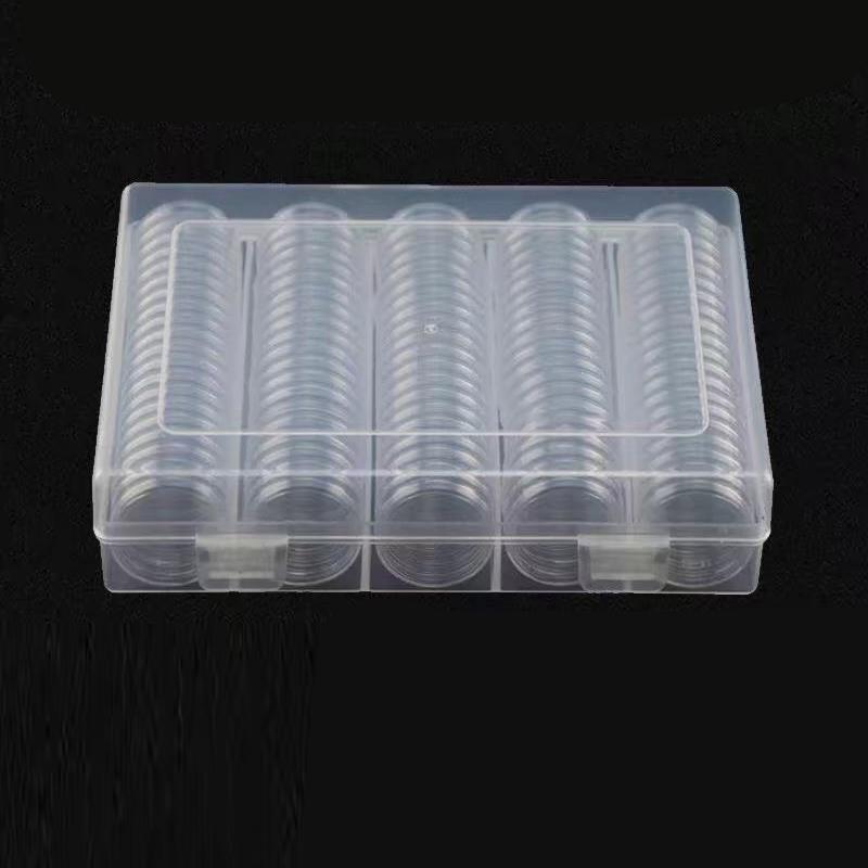 100pcs 27mm Plastic Clear Round Cases Coin Storage Capsules Holder Container+Box