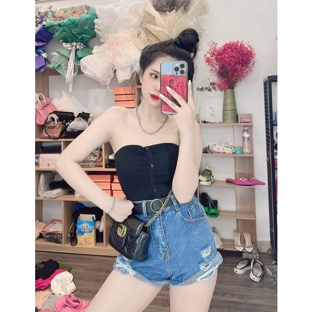 Áo ống nhún đính nút có mút ngực xịn sò, hàng siêu hot, chất pozip loại 1 co giãn tốt