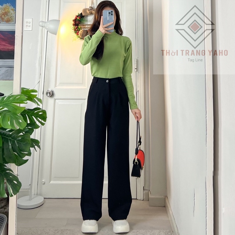 Quần đen ống rộng nữ lưng cao vải mềm đi học sinh dáng suông dài - Quần ống rộng cạp cao có túi khóa trước mặc công sở